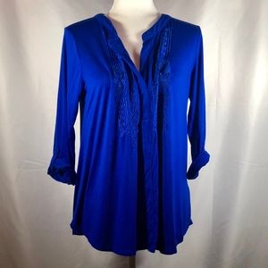 Blue Blouse w/ embroidered collar, rolled sleeves